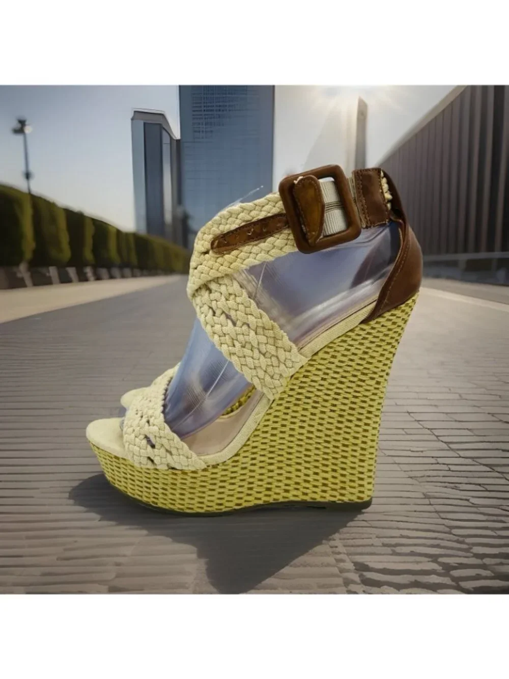Rue 21 ETC! Shoes Womens Size M 7/8 Beige Sandals High Wedge Heel Strappy